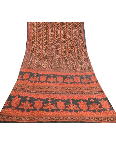 Sanskriti Vintage Sarees From India Black Pure Silk Printed Sari Craft Fabric, PR-63454-Black-Pure Silk-7