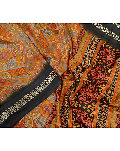 Sanskriti Vintage Sarees Orange Zari Border Printed Pure Silk Sari Craft Fabric, PR-63464-Orange-Pure Silk-1