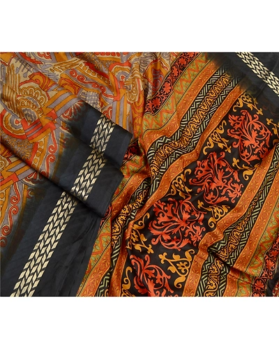 Sanskriti Vintage Sarees Orange Zari Border Printed Pure Silk Sari Craft Fabric, PR-63464-Orange-Pure Silk-2
