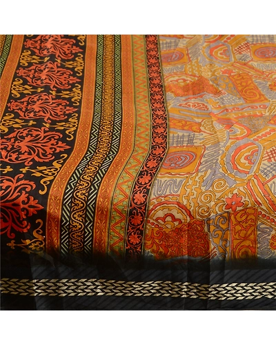 Sanskriti Vintage Sarees Orange Zari Border Printed Pure Silk Sari Craft Fabric, PR-63464-Orange-Pure Silk-3