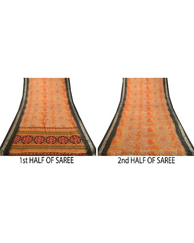 Sanskriti Vintage Sarees Orange Zari Border Printed Pure Silk Sari Craft Fabric, PR-63464-Orange-Pure Silk-4