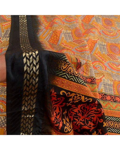 Sanskriti Vintage Sarees Orange Zari Border Printed Pure Silk Sari Craft Fabric, PR-63464-Orange-Pure Silk-5