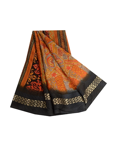 Sanskriti Vintage Sarees Orange Zari Border Printed Pure Silk Sari Craft Fabric, PR-63464-Orange-Pure Silk-6