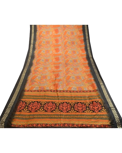 Sanskriti Vintage Sarees Orange Zari Border Printed Pure Silk Sari Craft Fabric, PR-63464-Orange-Pure Silk-7
