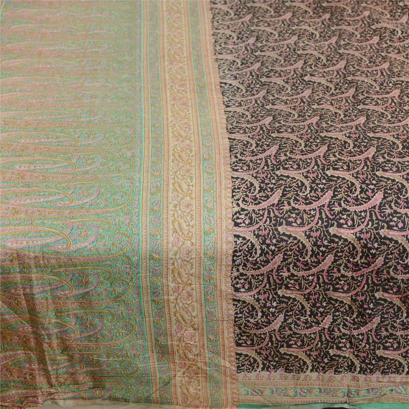 Sanskriti Vintage Sarees Black Printed 100% Pure Silk Sari Floral Craft Fabric, PR-63470-Black-Pure Silk-3