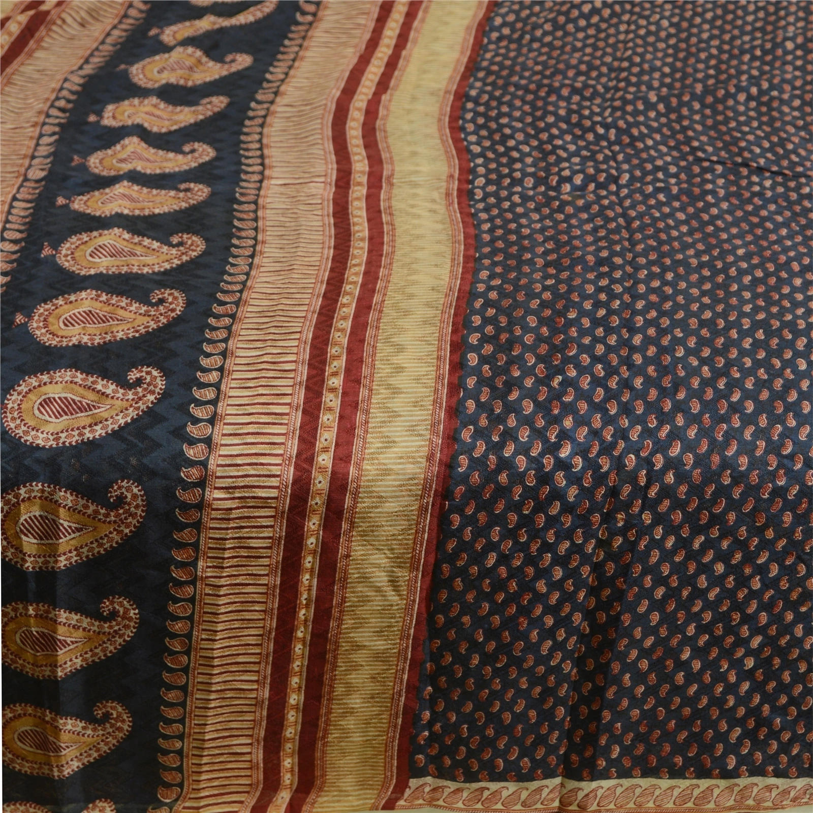 Sanskriti Vintage Sarees Blue Pure Silk Printed Woven Sari Floral Craft Fabric, PR-63471-Blue-Pure Silk-3