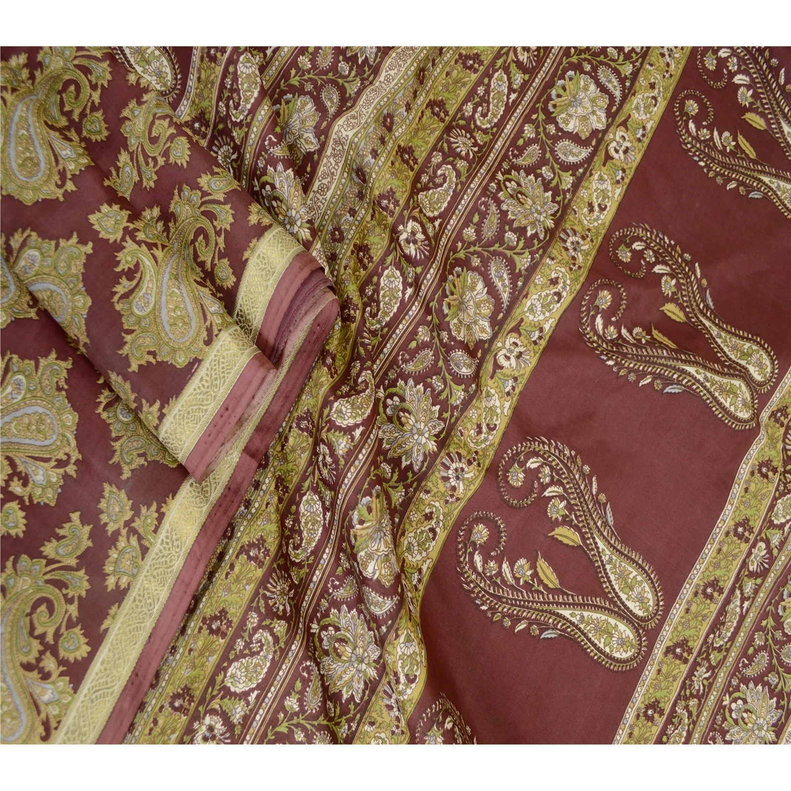 Sanskriti Vintage Sarees Dark Red Pure Silk Printed Sari Floral 5Yd Craft Fabric, PR-63475-Dark Red-Pure Silk-2