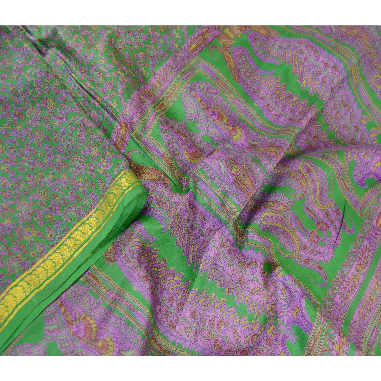 Sanskriti Vintage Sarees Green Zari Border Pure Silk Printed Sari Craft Fabric, PR-63477-Green-Pure Silk-1