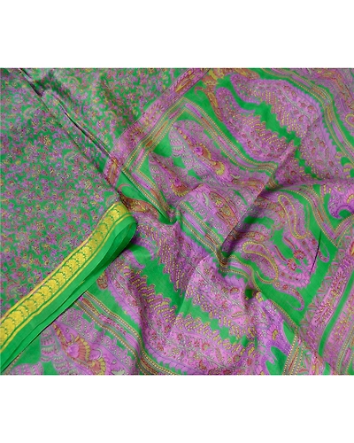 Sanskriti Vintage Sarees Green Zari Border Pure Silk Printed Sari Craft Fabric, PR-63477-Green-Pure Silk-1