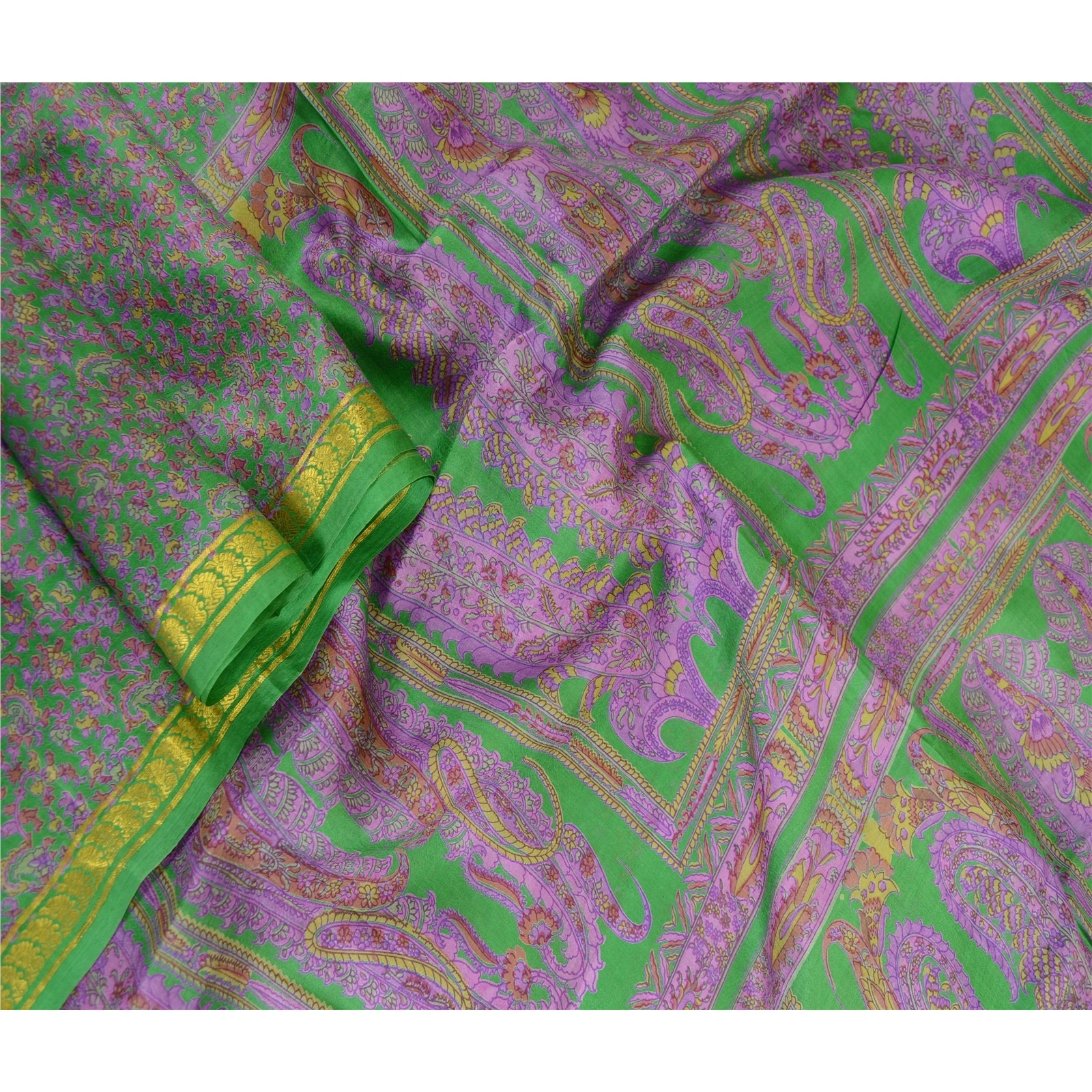 Sanskriti Vintage Sarees Green Zari Border Pure Silk Printed Sari Craft Fabric, PR-63477-Green-Pure Silk-2