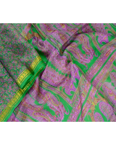 Sanskriti Vintage Sarees Green Zari Border Pure Silk Printed Sari Craft Fabric, PR-63477-Green-Pure Silk-2