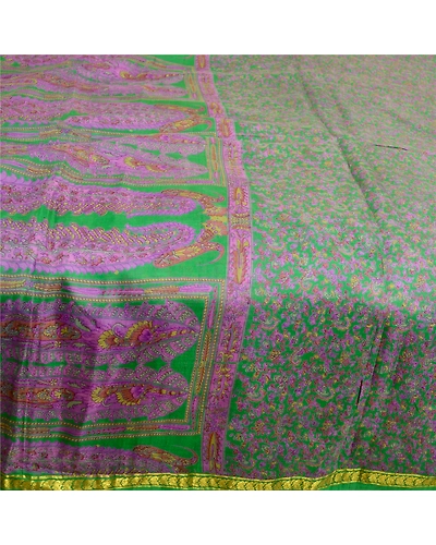Sanskriti Vintage Sarees Green Zari Border Pure Silk Printed Sari Craft Fabric, PR-63477-Green-Pure Silk-3