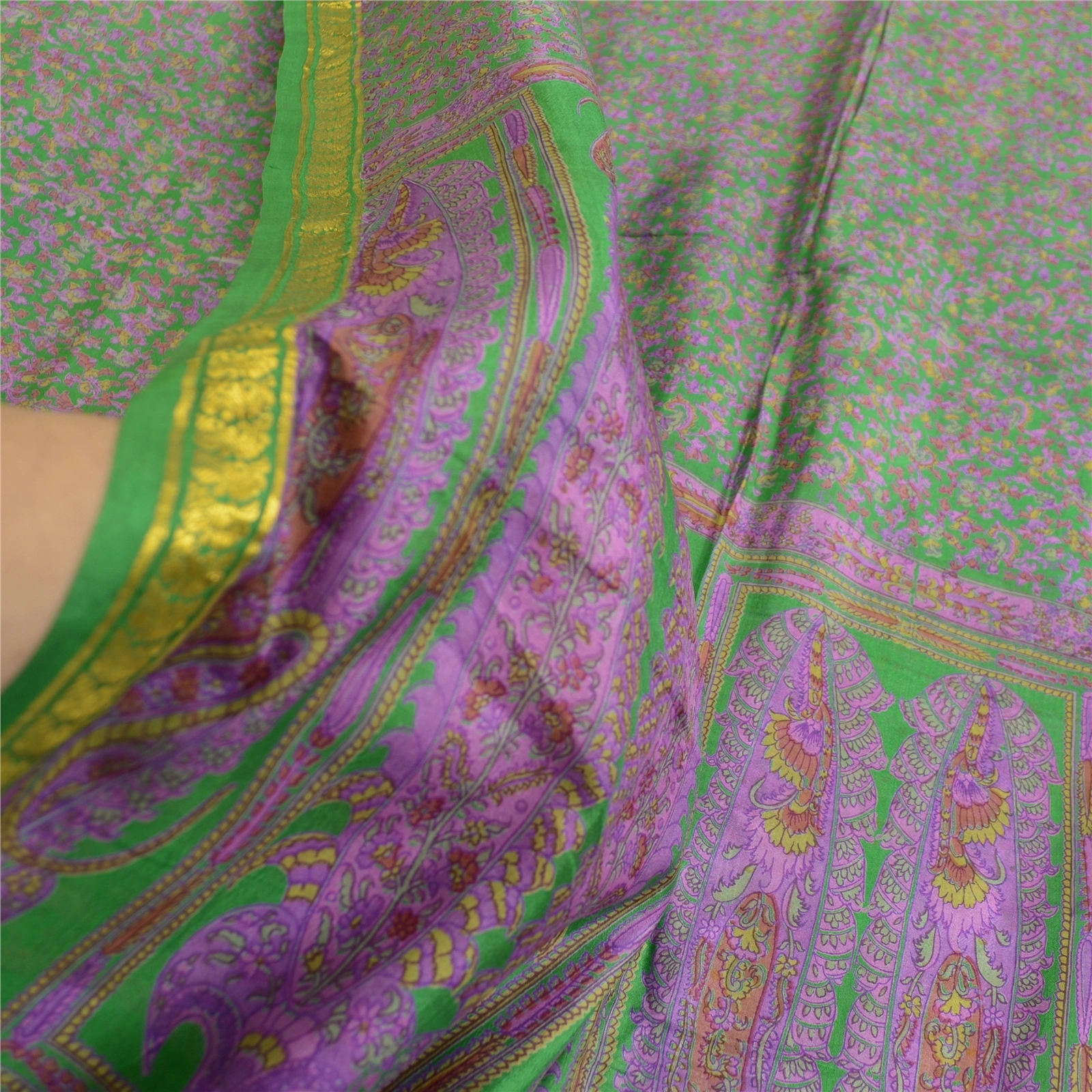 Sanskriti Vintage Sarees Green Zari Border Pure Silk Printed Sari Craft Fabric, PR-63477-Green-Pure Silk-5