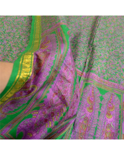 Sanskriti Vintage Sarees Green Zari Border Pure Silk Printed Sari Craft Fabric, PR-63477-Green-Pure Silk-5