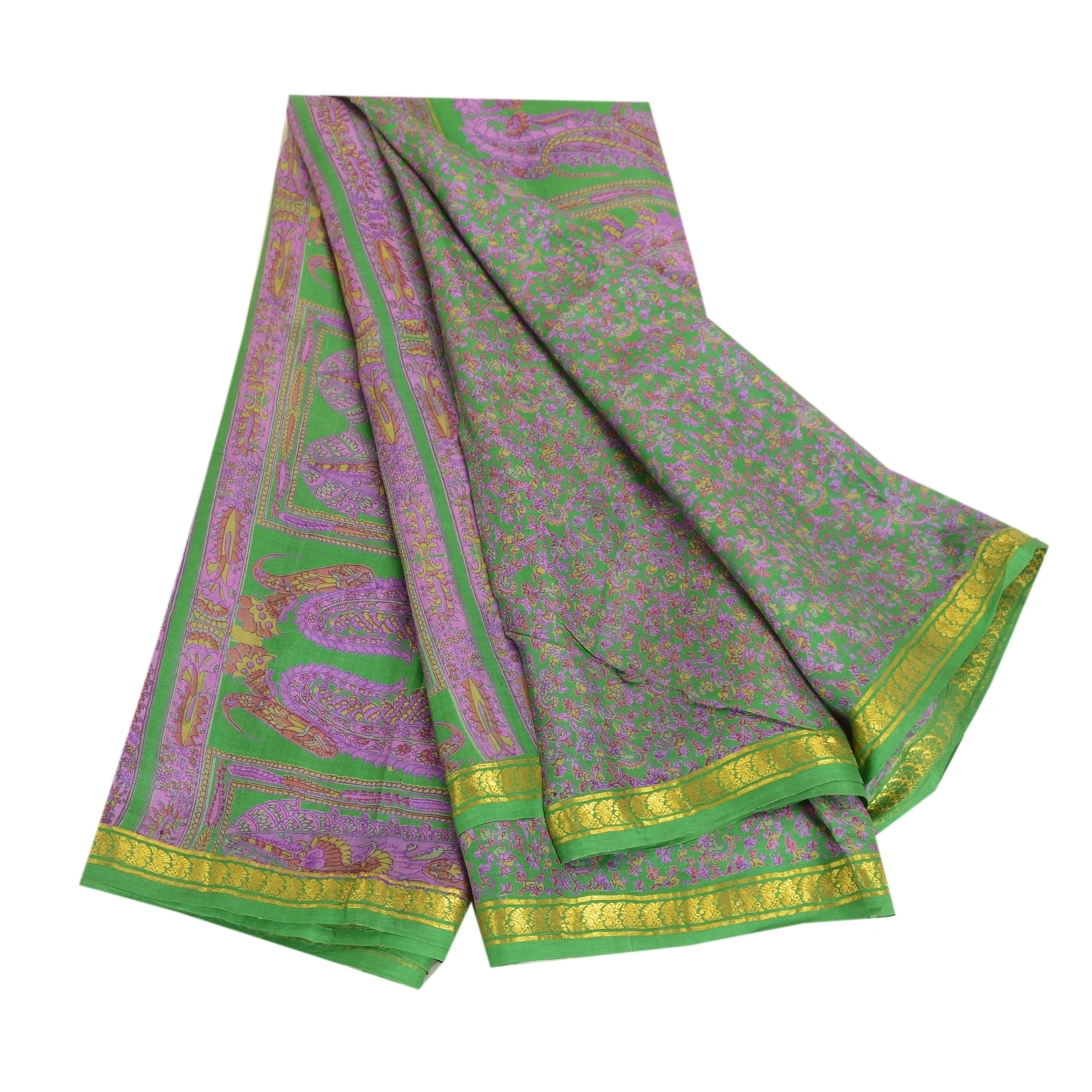 Sanskriti Vintage Sarees Green Zari Border Pure Silk Printed Sari Craft Fabric, PR-63477-Green-Pure Silk-6