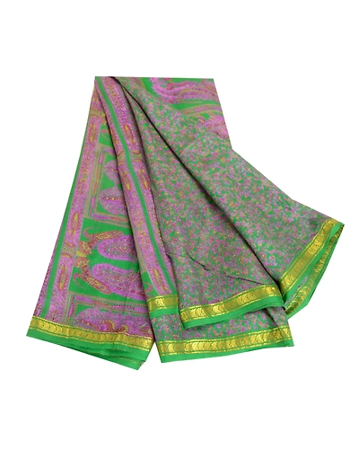 Sanskriti Vintage Sarees Green Zari Border Pure Silk Printed Sari Craft Fabric, PR-63477-Green-Pure Silk-6