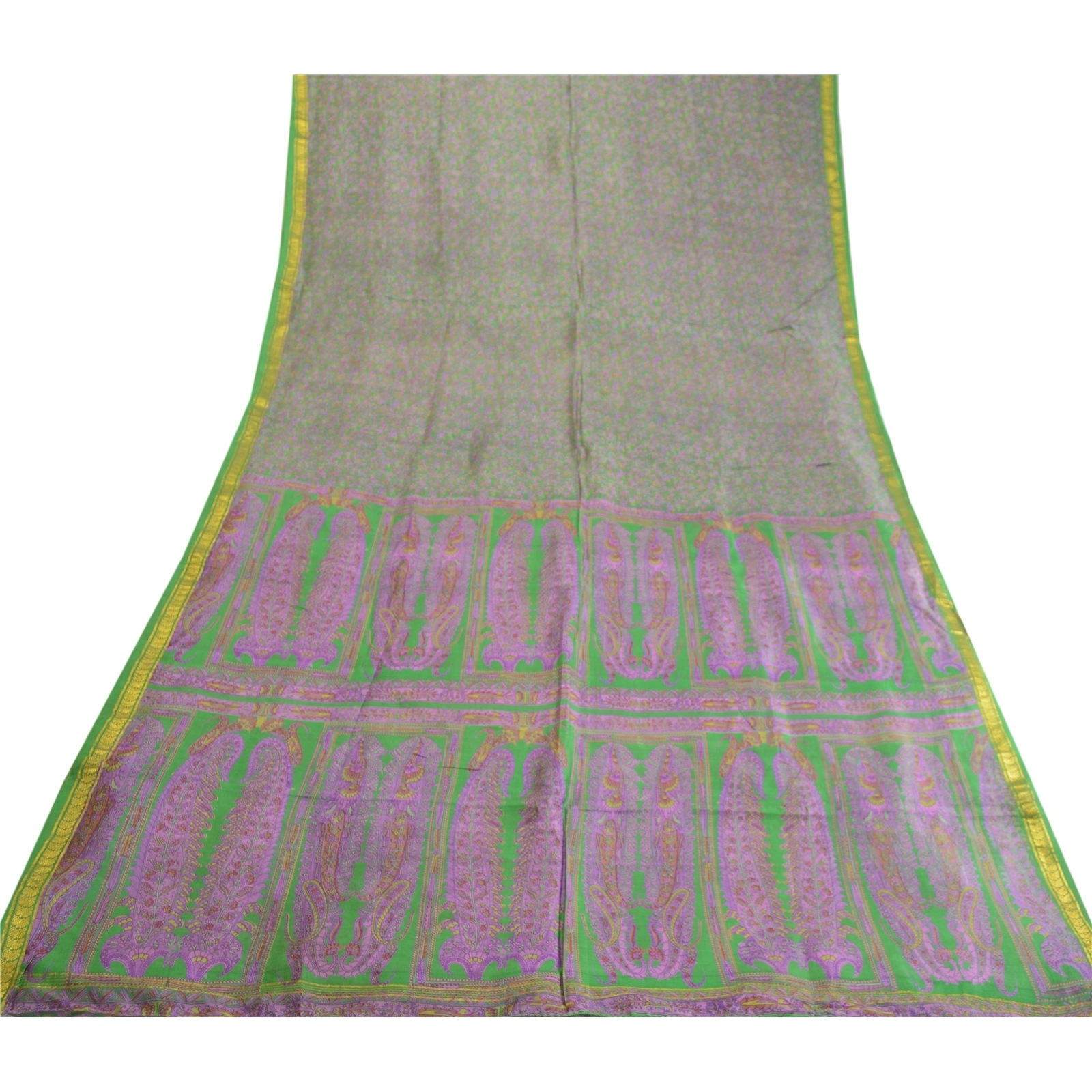 Sanskriti Vintage Sarees Green Zari Border Pure Silk Printed Sari Craft Fabric, PR-63477-Green-Pure Silk-7