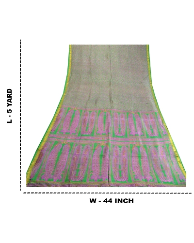Sanskriti Vintage Sarees Green Zari Border Pure Silk Printed Sari Craft Fabric, PR-63477-Green-Pure Silk-8