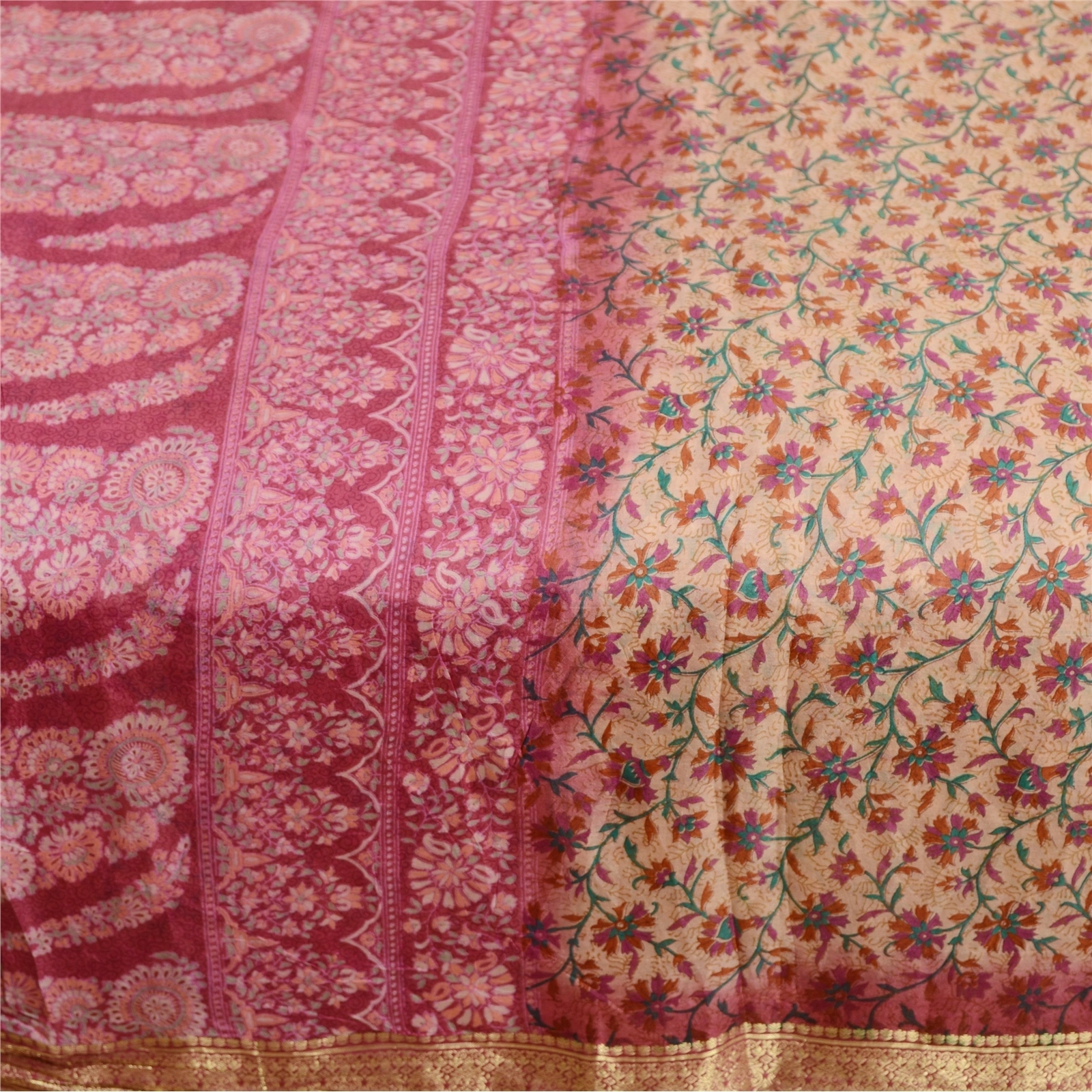 Sanskriti Vintage Sarees Purple Zari Border Pure Silk Printed Sari Craft Fabric, PR-63488-Purple-Pure Silk-3