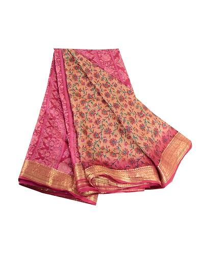 Sanskriti Vintage Sarees Purple Zari Border Pure Silk Printed Sari Craft Fabric, PR-63488-Purple-Pure Silk-6