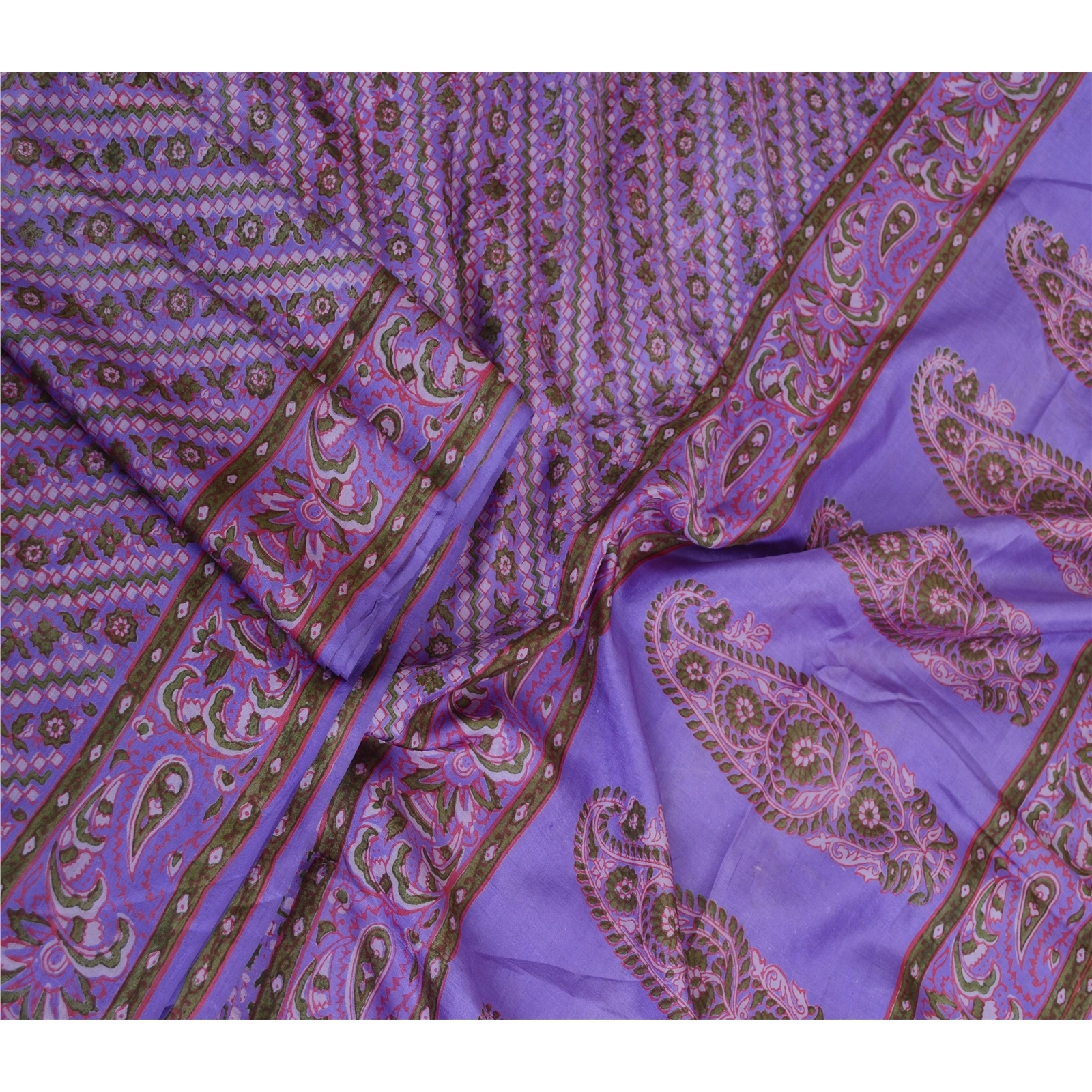 Sanskriti Vintage Sarees Lavender Pure Silk Printed Sari Soft 5Yd Craft Fabric, PR-63493-Lavender-Pure Silk-2