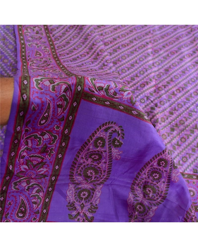 Sanskriti Vintage Sarees Lavender Pure Silk Printed Sari Soft 5Yd Craft Fabric, PR-63493-Lavender-Pure Silk-5