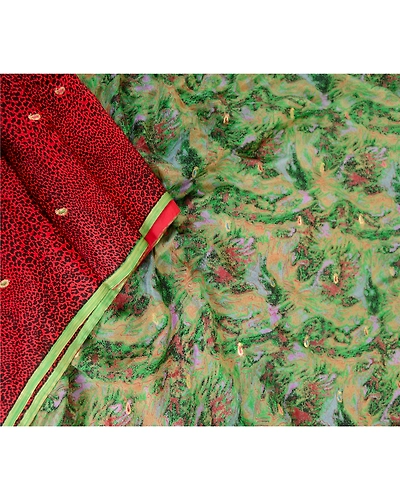 Sanskriti Vintage Sarees Red Pure Chinon Silk Printed Woven Sari Craft Fabric, PR-63495-Red-Pure Chinon Silk-1