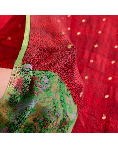 Sanskriti Vintage Sarees Red Pure Chinon Silk Printed Woven Sari Craft Fabric, PR-63495-Red-Pure Chinon Silk-5