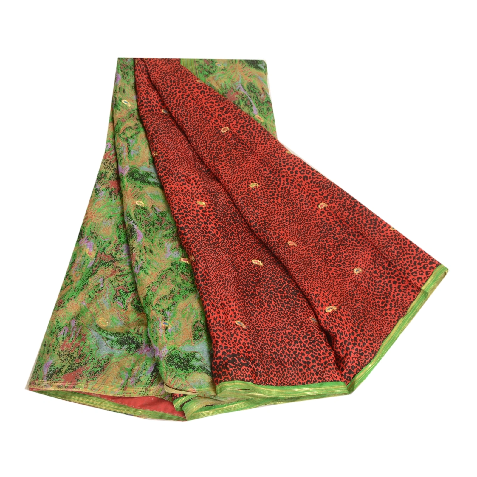 Sanskriti Vintage Sarees Red Pure Chinon Silk Printed Woven Sari Craft Fabric, PR-63495-Red-Pure Chinon Silk-6