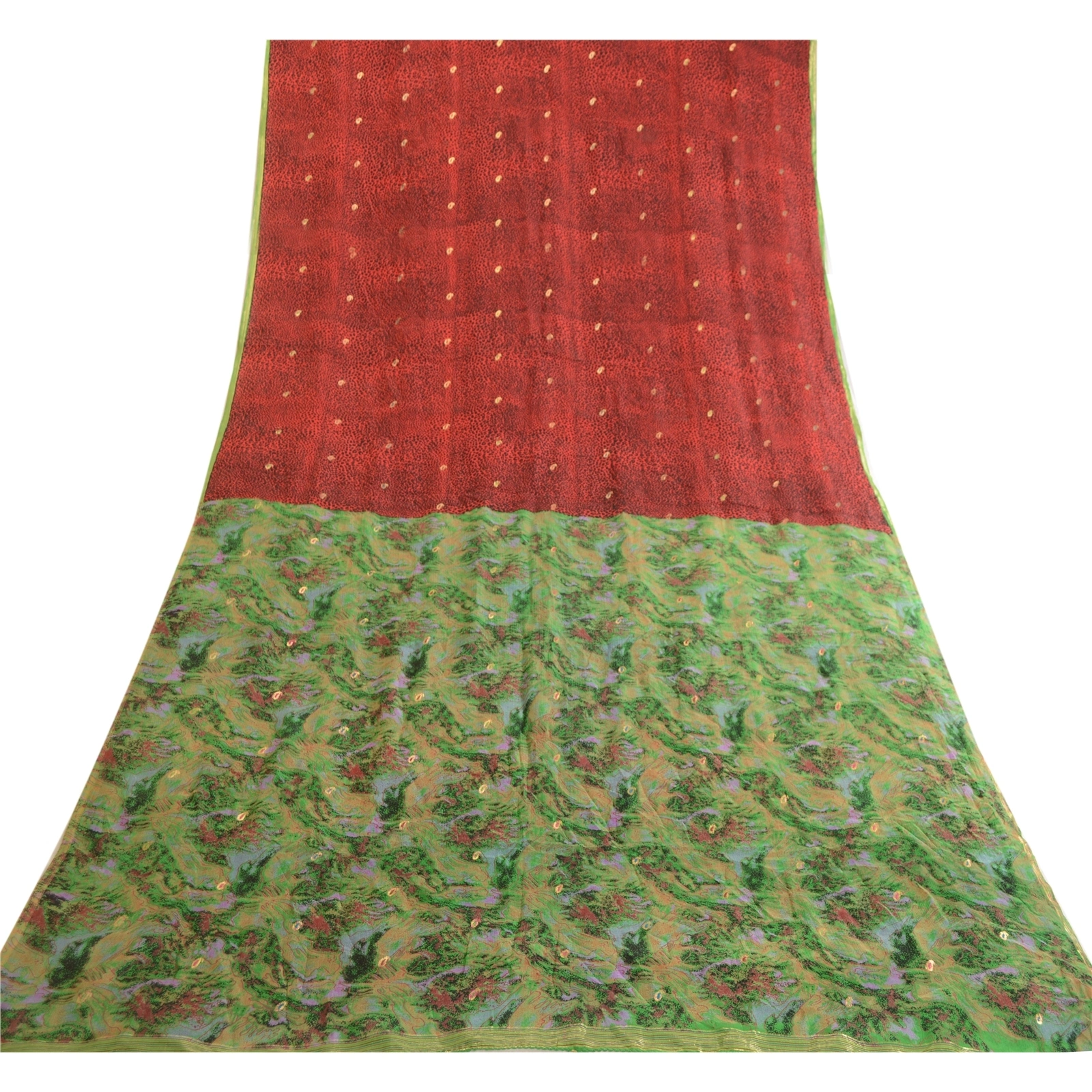 Sanskriti Vintage Sarees Red Pure Chinon Silk Printed Woven Sari Craft Fabric, PR-63495-Red-Pure Chinon Silk-7