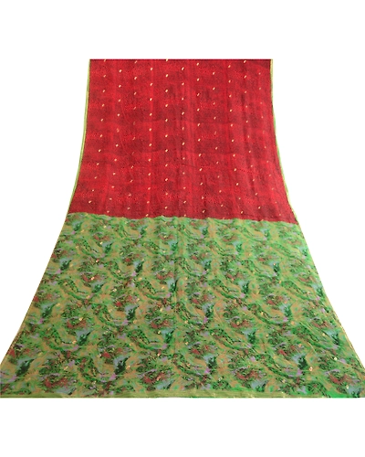 Sanskriti Vintage Sarees Red Pure Chinon Silk Printed Woven Sari Craft Fabric, PR-63495-Red-Pure Chinon Silk-7