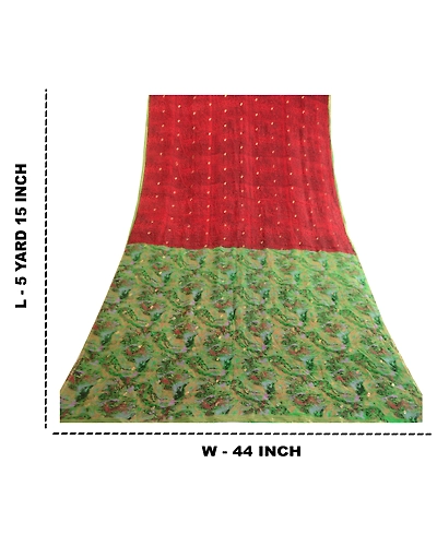 Sanskriti Vintage Sarees Red Pure Chinon Silk Printed Woven Sari Craft Fabric, PR-63495-Red-Pure Chinon Silk-8