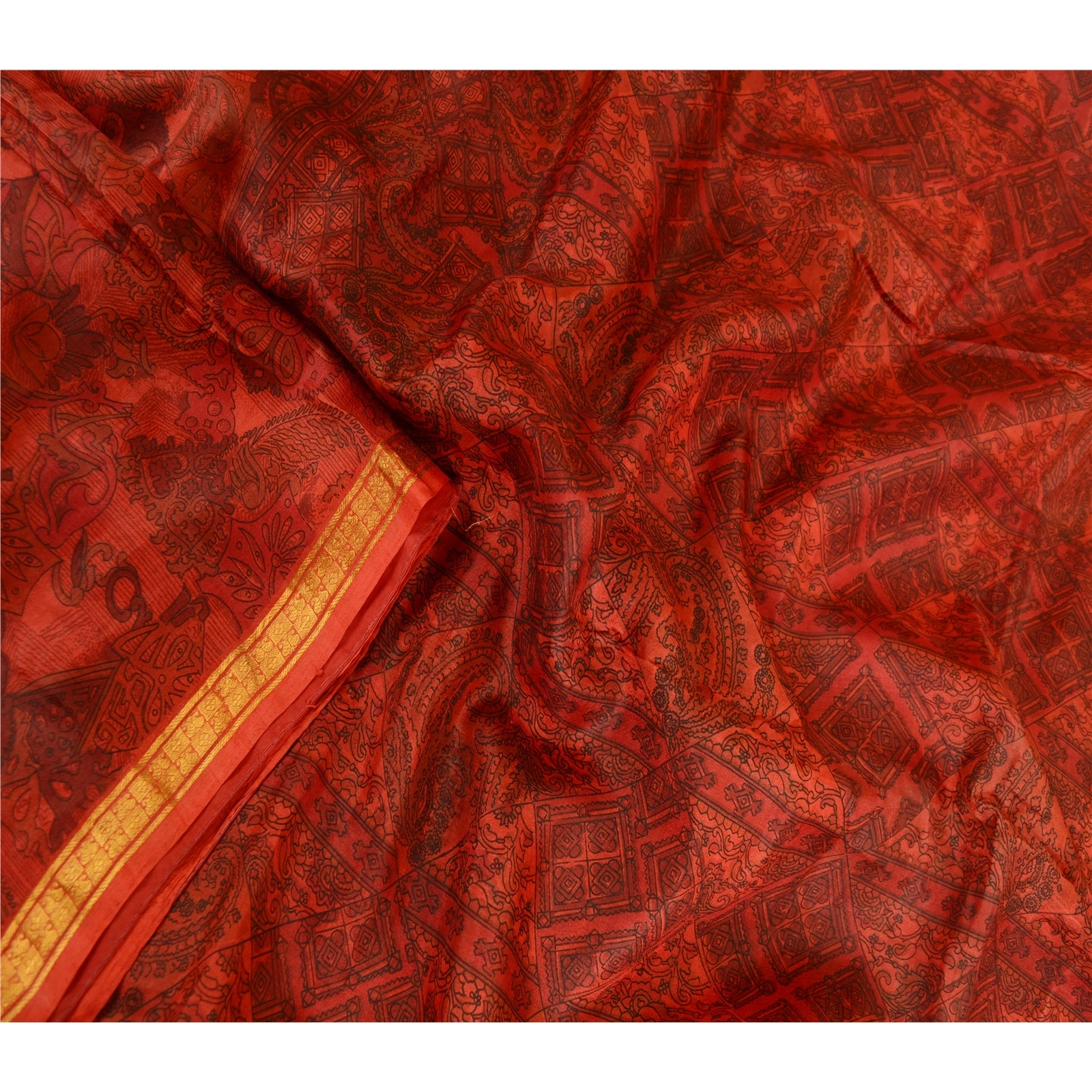 Sanskriti Vintage Sarees Scarlet Zari Border Pure Silk Printed Sari Craft Fabric, PR-63500-Scarlet-Pure Silk-1