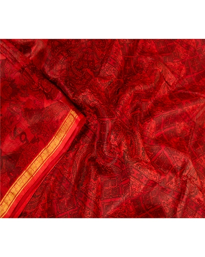 Sanskriti Vintage Sarees Scarlet Zari Border Pure Silk Printed Sari Craft Fabric, PR-63500-Scarlet-Pure Silk-1
