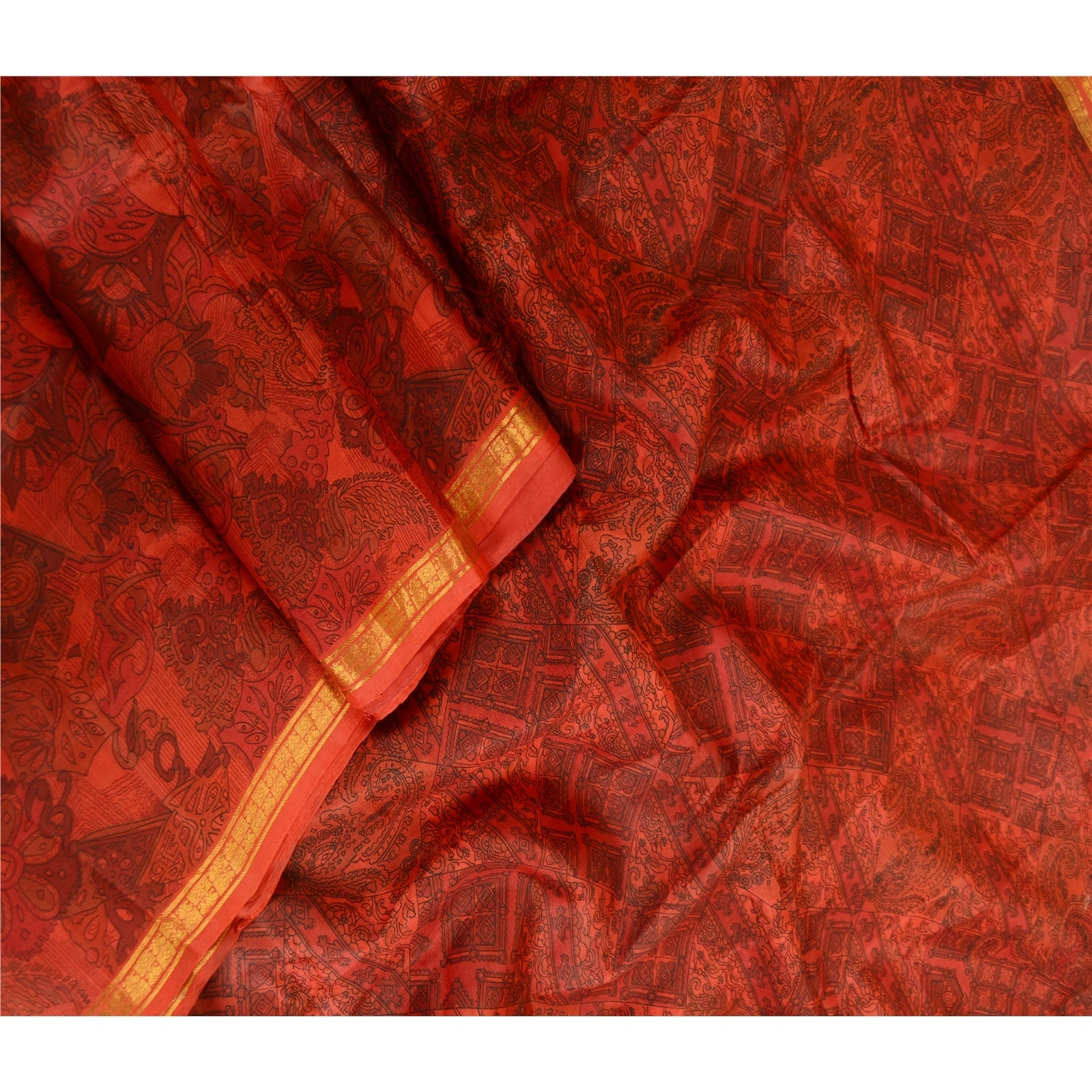 Sanskriti Vintage Sarees Scarlet Zari Border Pure Silk Printed Sari Craft Fabric, PR-63500-Scarlet-Pure Silk-2