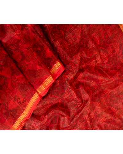 Sanskriti Vintage Sarees Scarlet Zari Border Pure Silk Printed Sari Craft Fabric, PR-63500-Scarlet-Pure Silk-2