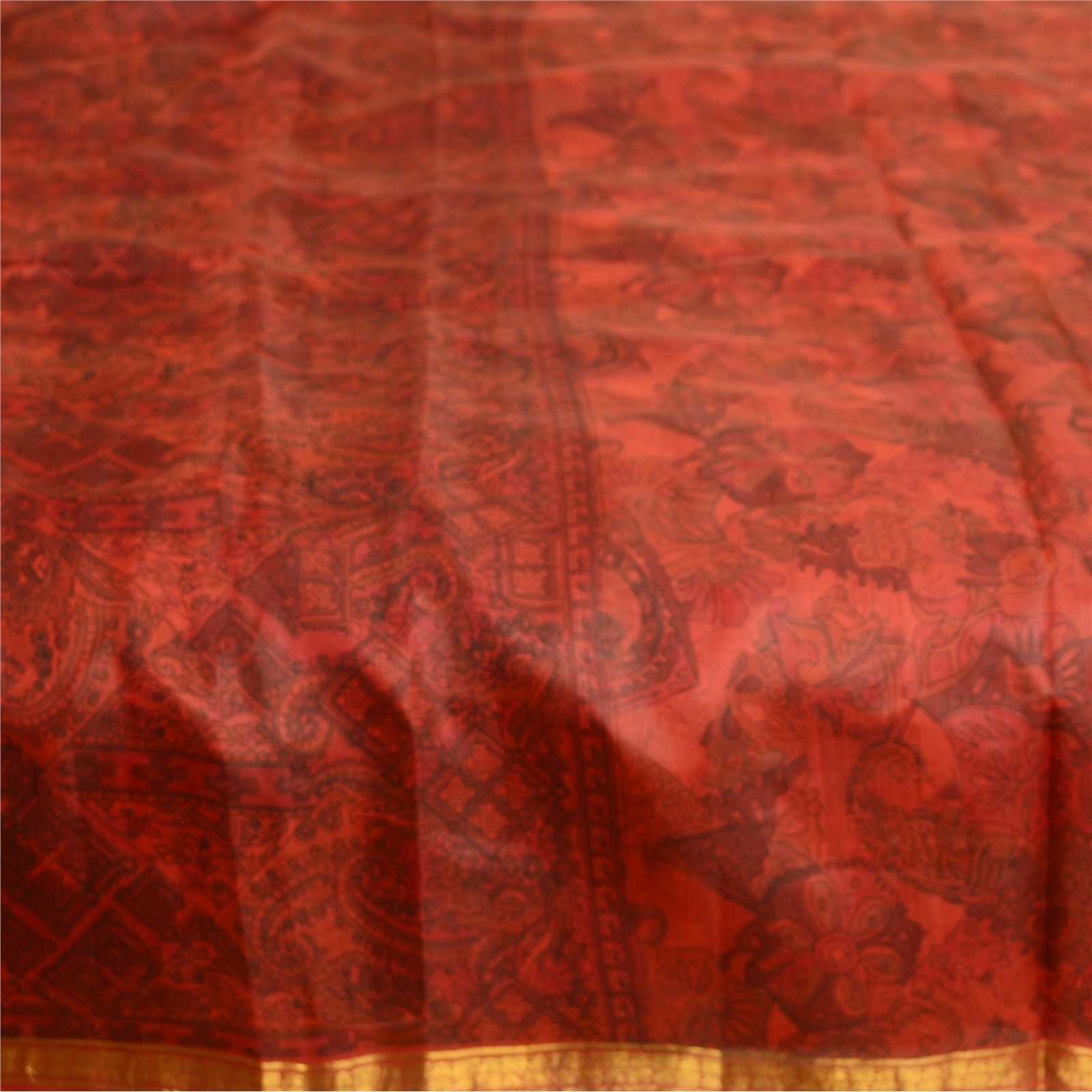 Sanskriti Vintage Sarees Scarlet Zari Border Pure Silk Printed Sari Craft Fabric, PR-63500-Scarlet-Pure Silk-3