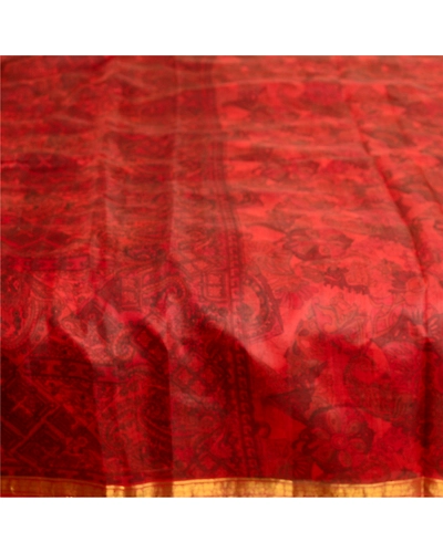 Sanskriti Vintage Sarees Scarlet Zari Border Pure Silk Printed Sari Craft Fabric, PR-63500-Scarlet-Pure Silk-3