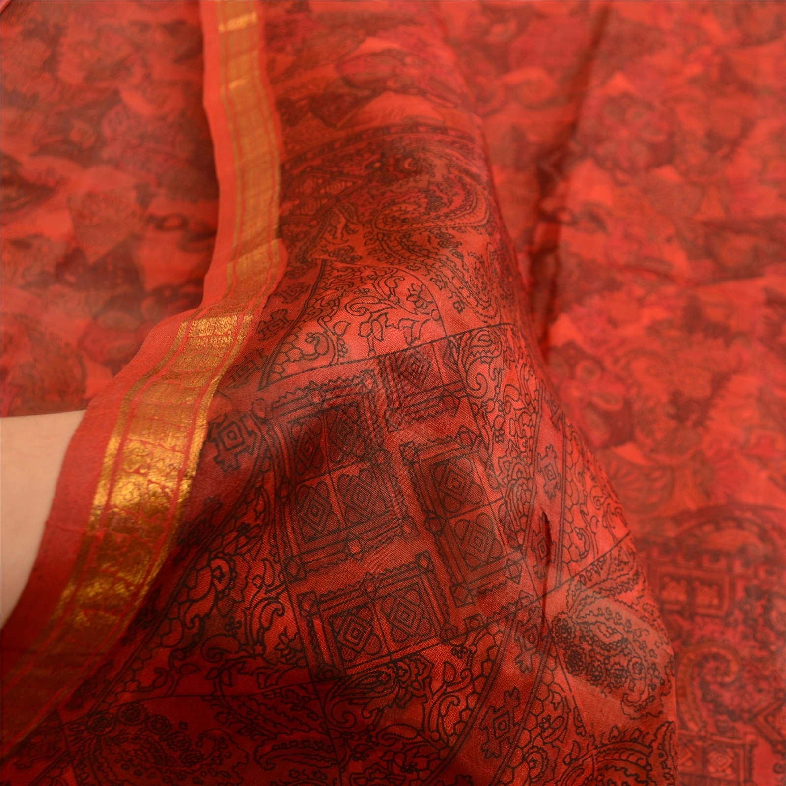 Sanskriti Vintage Sarees Scarlet Zari Border Pure Silk Printed Sari Craft Fabric, PR-63500-Scarlet-Pure Silk-5