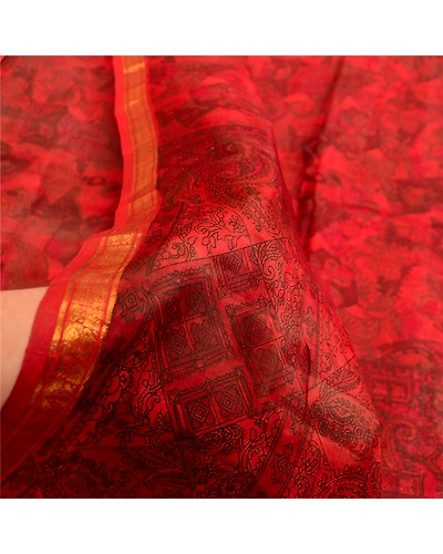 Sanskriti Vintage Sarees Scarlet Zari Border Pure Silk Printed Sari Craft Fabric, PR-63500-Scarlet-Pure Silk-5