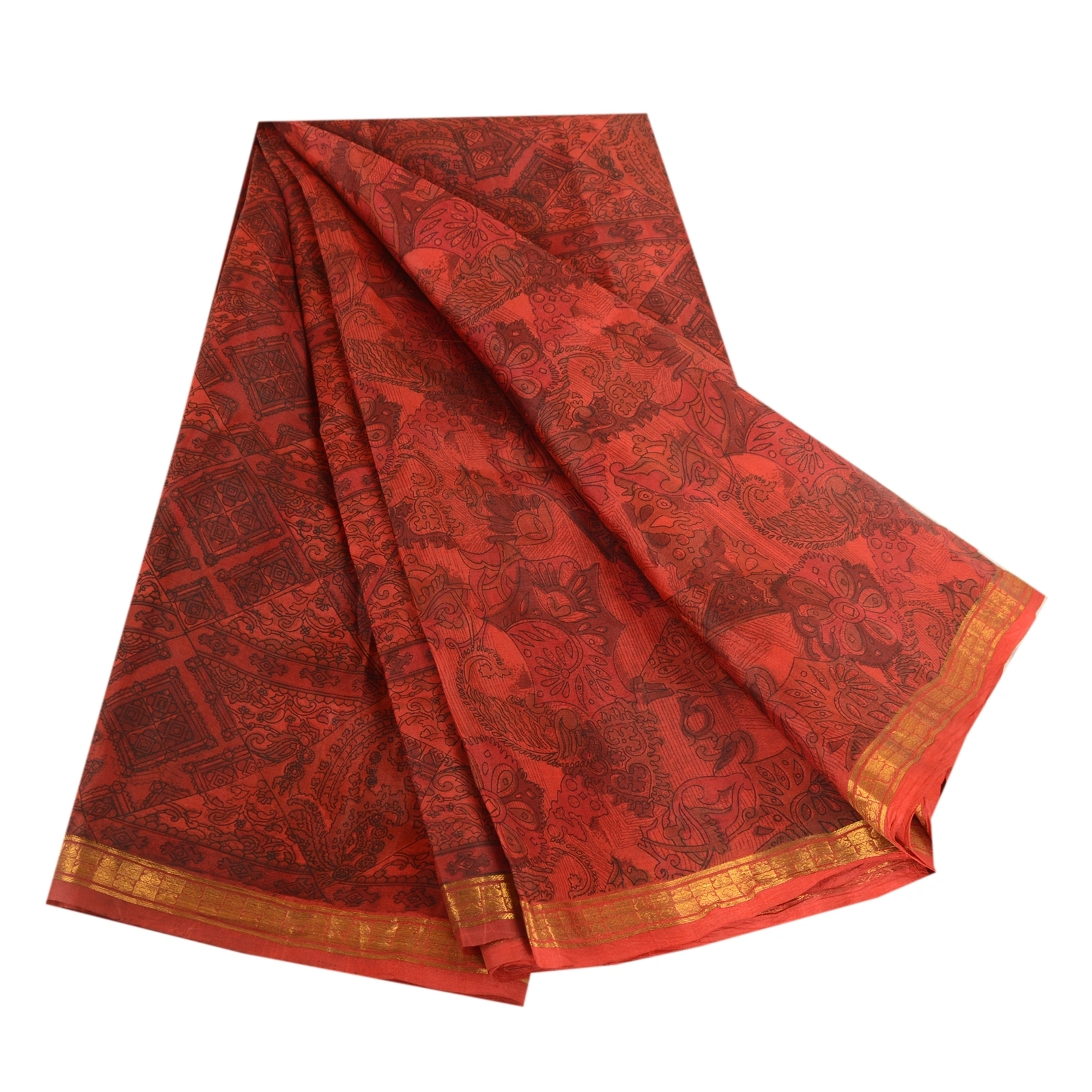 Sanskriti Vintage Sarees Scarlet Zari Border Pure Silk Printed Sari Craft Fabric, PR-63500-Scarlet-Pure Silk-6