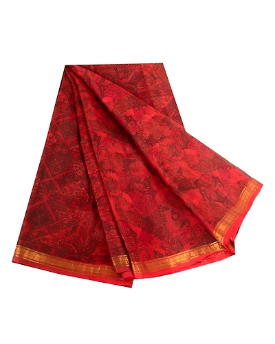 Sanskriti Vintage Sarees Scarlet Zari Border Pure Silk Printed Sari Craft Fabric, PR-63500-Scarlet-Pure Silk-6
