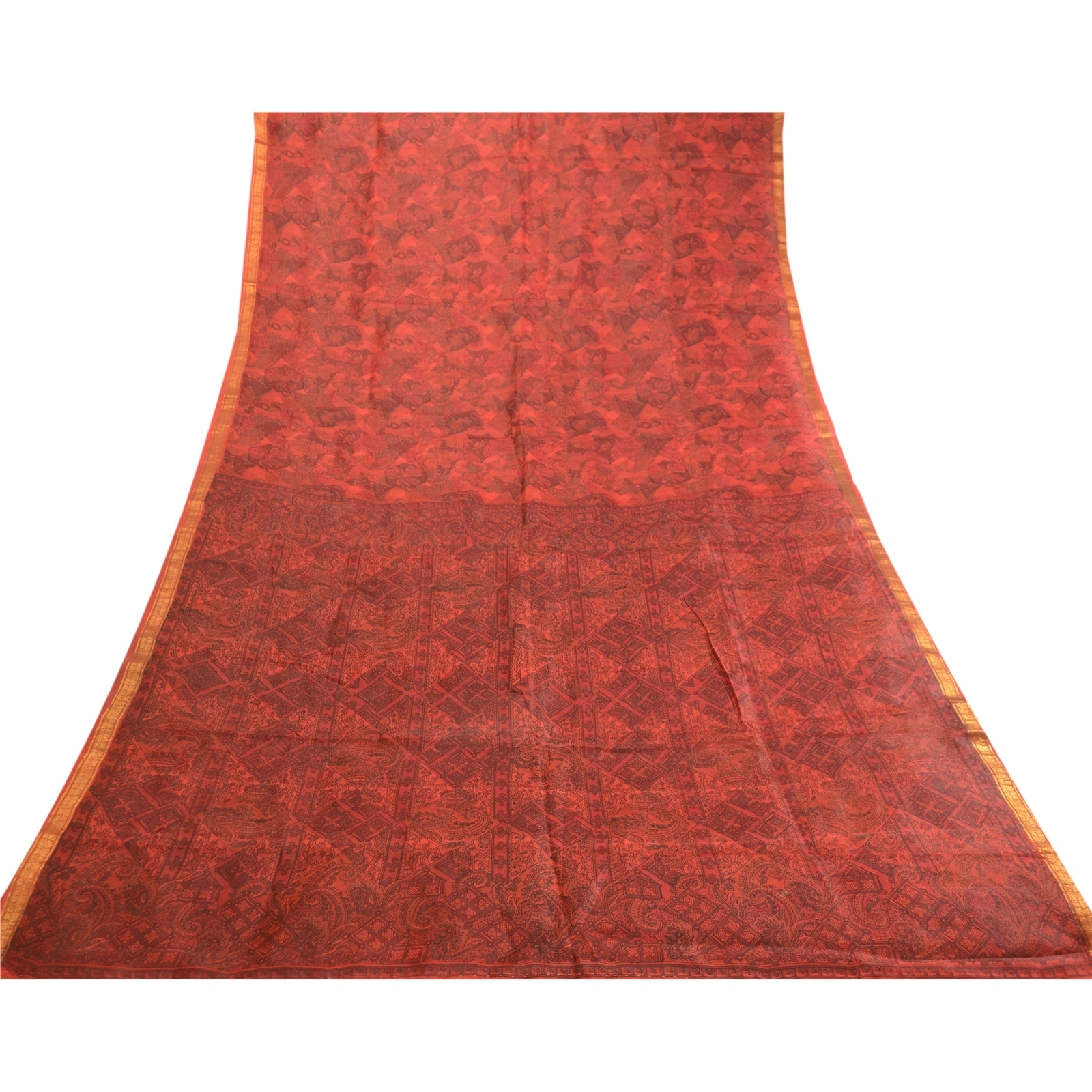 Sanskriti Vintage Sarees Scarlet Zari Border Pure Silk Printed Sari Craft Fabric, PR-63500-Scarlet-Pure Silk-7