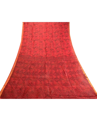 Sanskriti Vintage Sarees Scarlet Zari Border Pure Silk Printed Sari Craft Fabric, PR-63500-Scarlet-Pure Silk-7