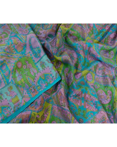 Sanskriti Vintage Sarees Blue Human Animal Pure Silk Printed Sari Craft Fabric, PR-63506-Blue-Pure Silk-1