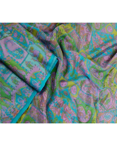 Sanskriti Vintage Sarees Blue Human Animal Pure Silk Printed Sari Craft Fabric, PR-63506-Blue-Pure Silk-2