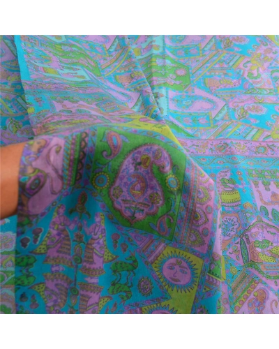 Sanskriti Vintage Sarees Blue Human Animal Pure Silk Printed Sari Craft Fabric, PR-63506-Blue-Pure Silk-5