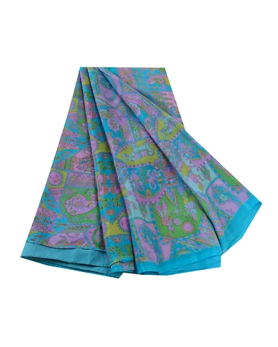 Sanskriti Vintage Sarees Blue Human Animal Pure Silk Printed Sari Craft Fabric, PR-63506-Blue-Pure Silk-6