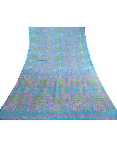 Sanskriti Vintage Sarees Blue Human Animal Pure Silk Printed Sari Craft Fabric, PR-63506-Blue-Pure Silk-7
