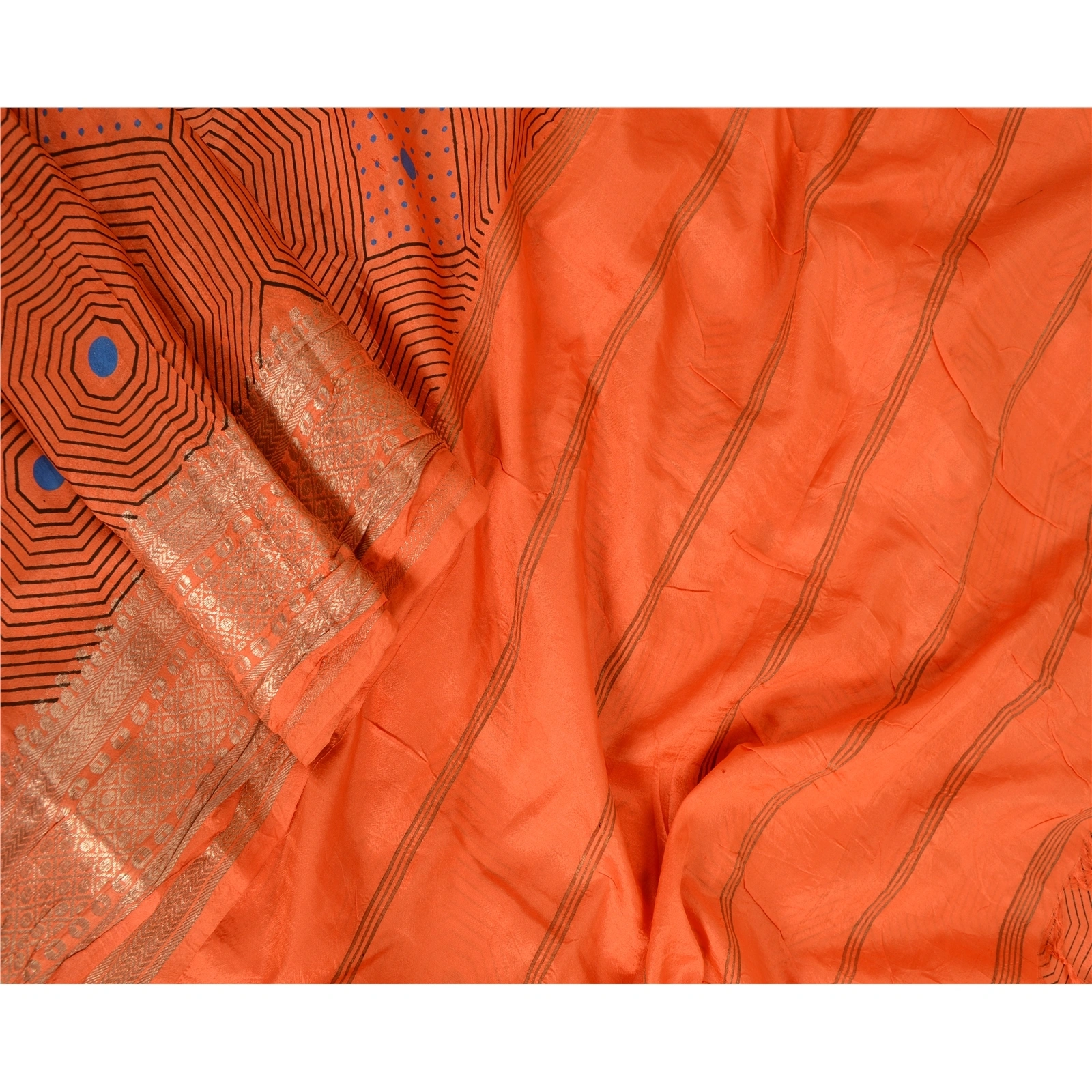 Sanskriti Vintage Sarees Orange Pure Silk Printed Zari Work Sari Craft Fabric, PR-63521-Orange-Pure Silk-1